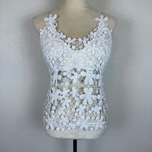 Y2K Zenobia White Floral Crochet Lace Overlay Tank Top Women's Plus Size 1XL